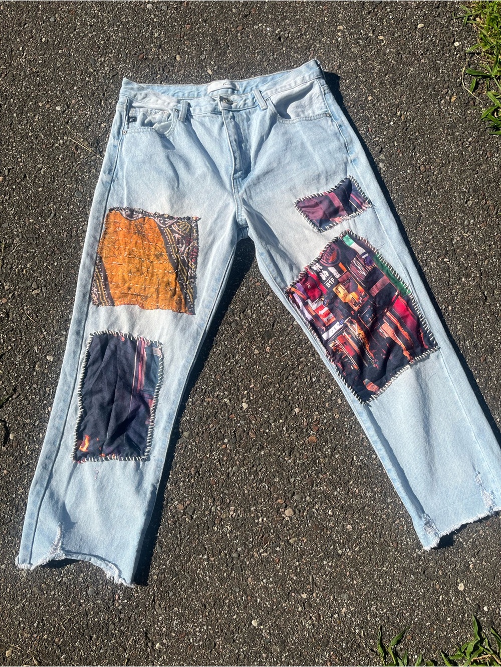 OOAK reworked Light Blue Patchwork Jeans – Vintage-Inspired Cotton Denim